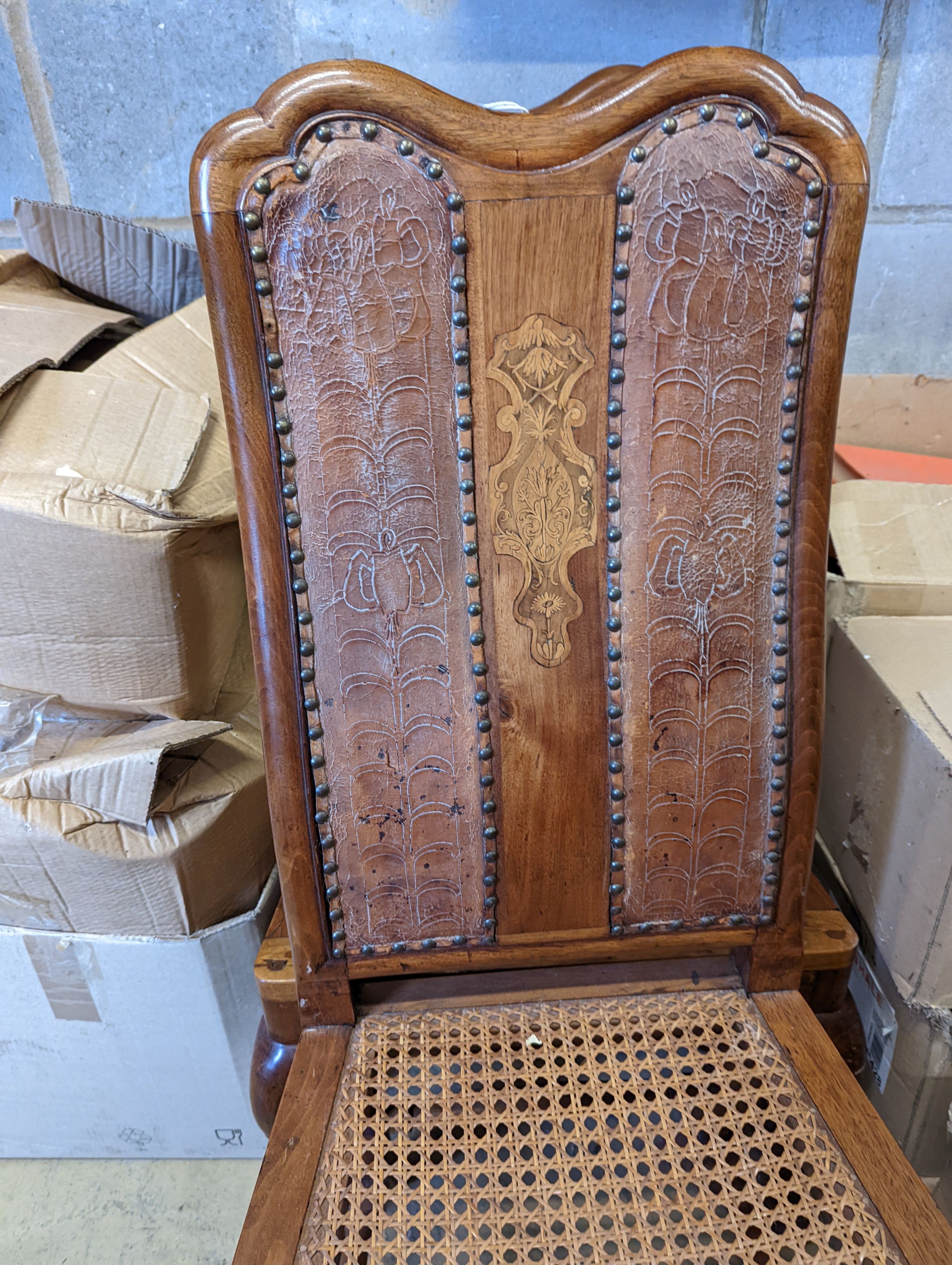 A pair of Dutch marquetry inlaid cane seat walnut dining chairs